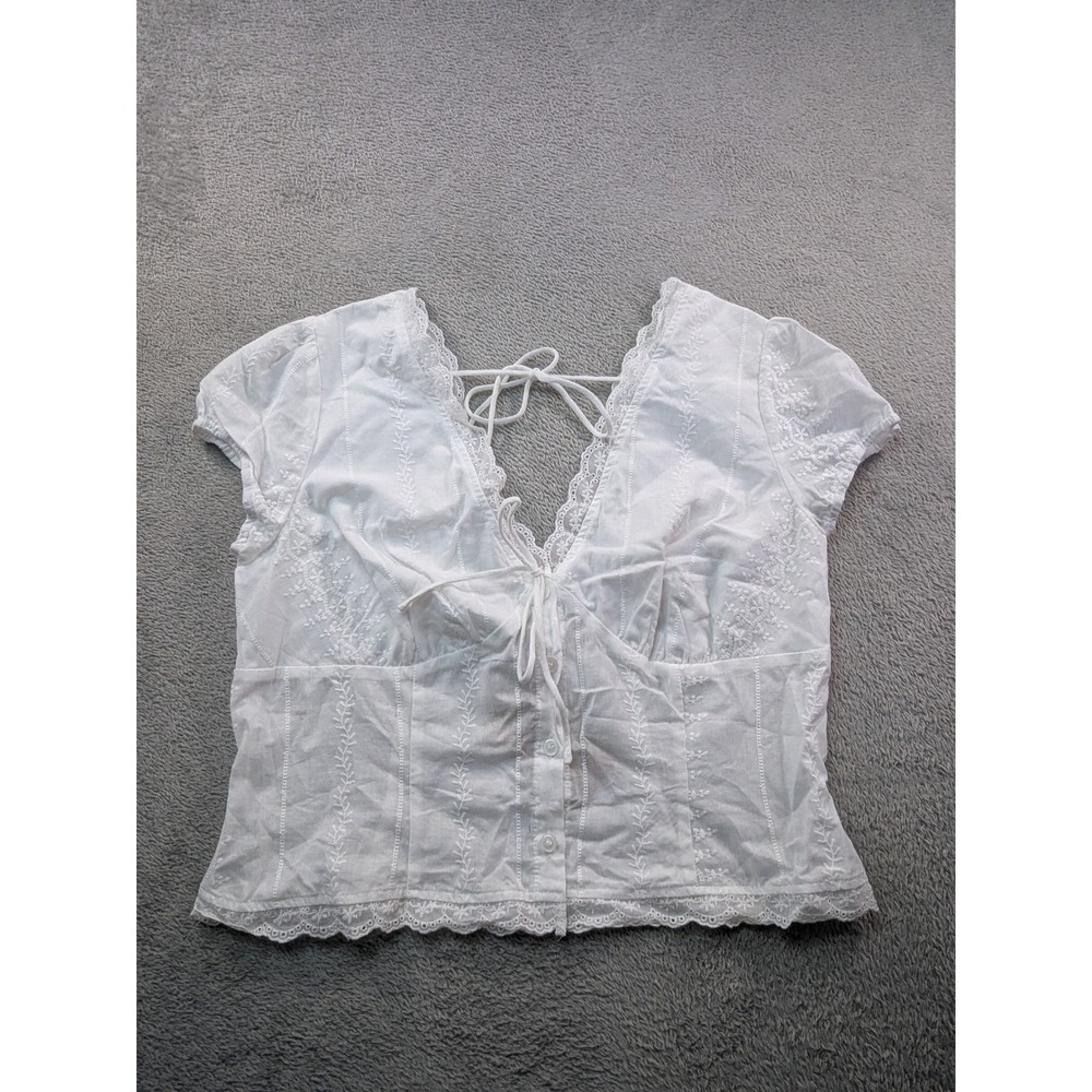 Rihoas White Embroidered Lace Trim Tie Front Blouse XL Cottagecore Boho Top